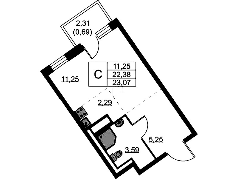 Квартира студия 23.07 м², 5/9 эт., ЖК «Квартал Лаголово»